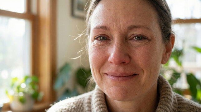 Emotional woman crying while smiling expressing bittersweet feelings