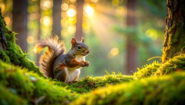 A fluffy squirrel sits on a mossy branch in a sun-drenched forest scene, holding a nut. The light creates lens flare
