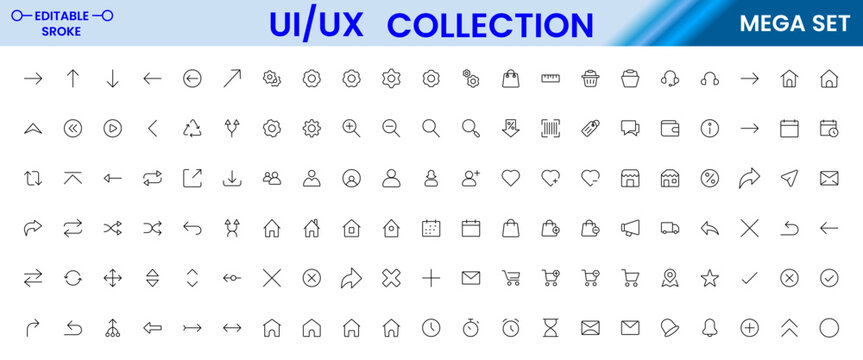 UI UX mega editable icon set with interface elements, dashboard, mobile app and web design symbols modern outline vector collection