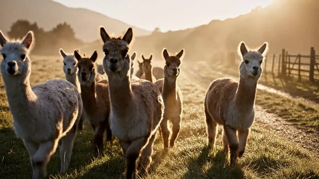 Herd of curious alpacas walking towards camera on rural farm pasture at golden hour sunset with soft backlighting and