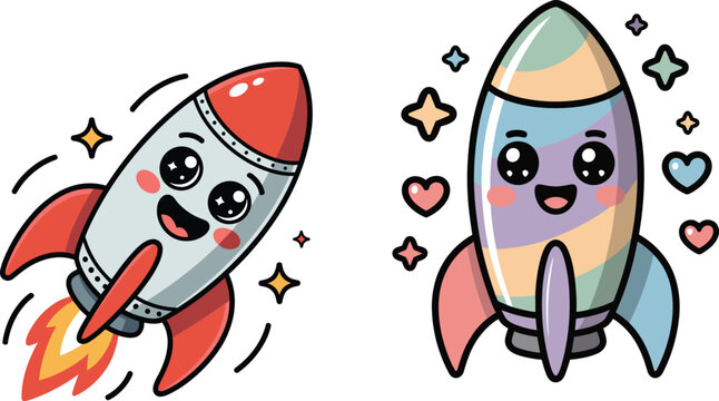 Cute cartoon rockets with smiling faces, colorful space ships characters, kids illustration, playful astronaut theme isolated on light background