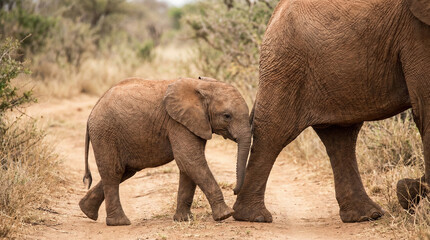 Naklejka premium Baby African elephant calf following mother on dirt road