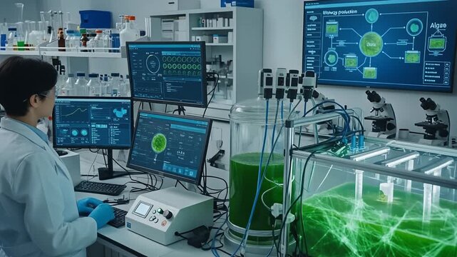 Female Scientist Monitors Algae Growth in Advanced Biotechnology Laboratory
