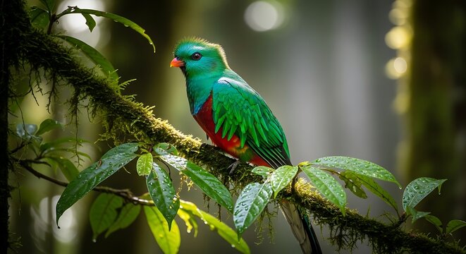 Vibrant resplendent quetzal perched on a mossy branch amidst the lush foliage of a tropical rainforest