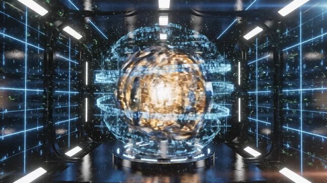 Futuristic digital sphere glowing blue technology abstract science hologram data virtual modern innovation cyber network light energy 3D computer simulation artificial intelligence high tech metallic