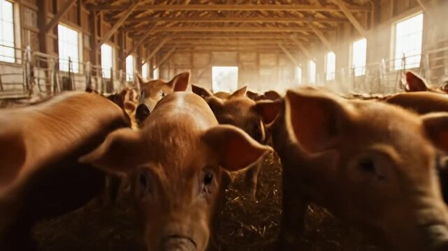 Group of cute piglets running towards camera inside rustic wooden barn with golden sunlight streaming through windows creating
