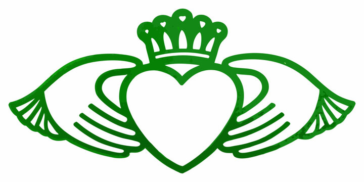 A green trefoil knot symbol featuring a heart and hands