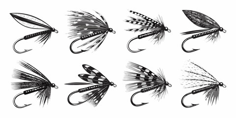 Fototapeta premium Collection of detailed monochrome illustrations of various fishing flies