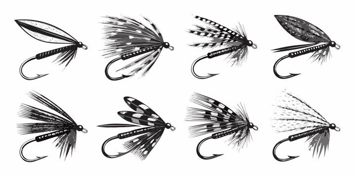 Collection of detailed monochrome illustrations of various fishing flies