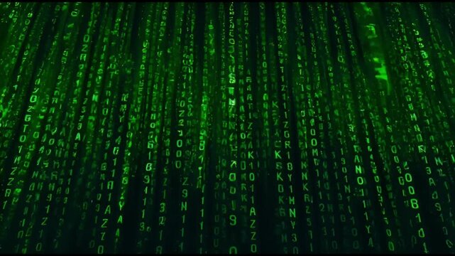 Green computer code streaming down a dark screen with letters and numbers