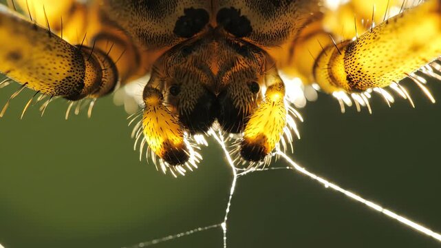 Spider Hanging on Its Intricate Web with Glowing Hairy Palps and Legs