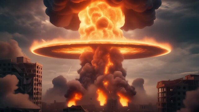 Massive Nuclear Explosion Mushroom Cloud Over Devastated City