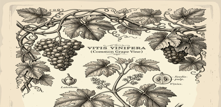Vintage Vitis Vinifera Botanical Illustration - Detailed Drawing of Grapevines, Leaves, and Fruit