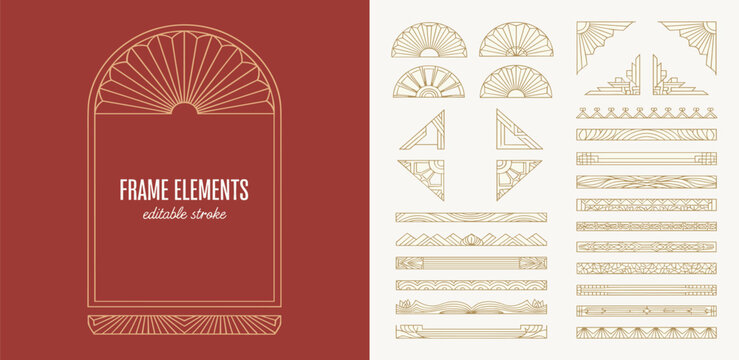 Collection of elegant art deco design elements and decorative borders for graphic design projects and ornamentation