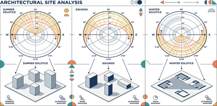 Architectural Site Analysis Sun Path Diagrams for Summer Solstice, Equinox, and Winter Solstice