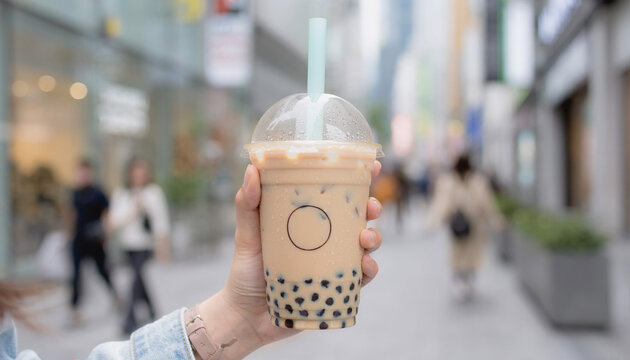 Hand holds bubble tea on a city street background outside. Suitable for food and beveragerelated projects targeting young urban audiences. Hand holding bubble tea drink in a city, great for advertisin