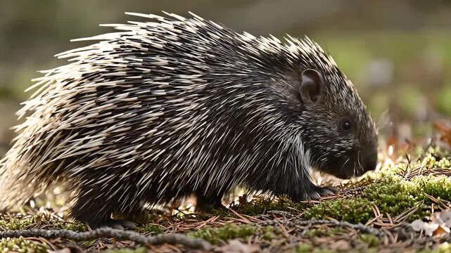 Porcupine Walking on the Forest Floor in Dappled Sunlight