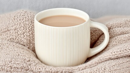 Obraz premium A ribbed white ceramic mug filled with coffee and milk, nestled in the folds of a soft, beige knitted wool blanket. A cozy, high-key close-up focusing on warmth and comfort