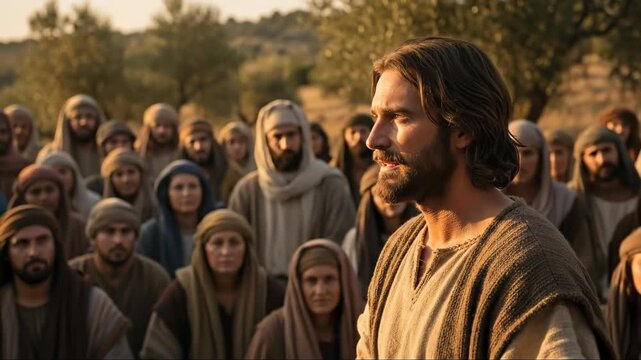 Jesus Christ delivers Sermon on the Mount, inspiring a crowd with his religious teachings and divine message, representing faith, theology, and Christianity
