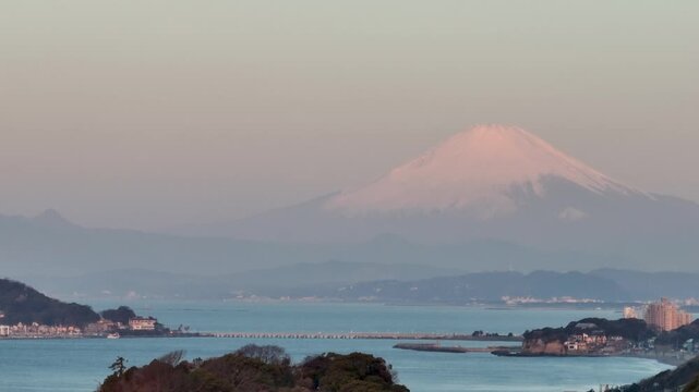 Mount Fuji coastal view in Kamakura Japan aerial drone morning
