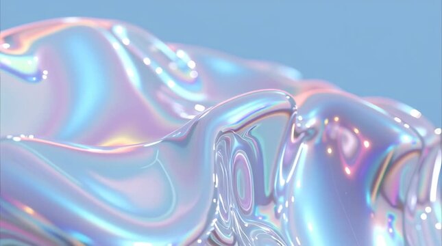 Abstract liquid chrome gradient surface flowing slowly molten metal, reflective holographic colors shifting pastel blue, lavender, silver soft pink glossy reflections, futuristic tech aesthetic