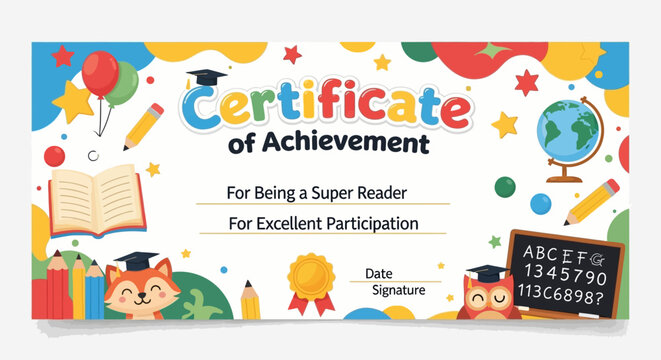 Certificate of achievement for kids with colorful educational icons and cartoon characters