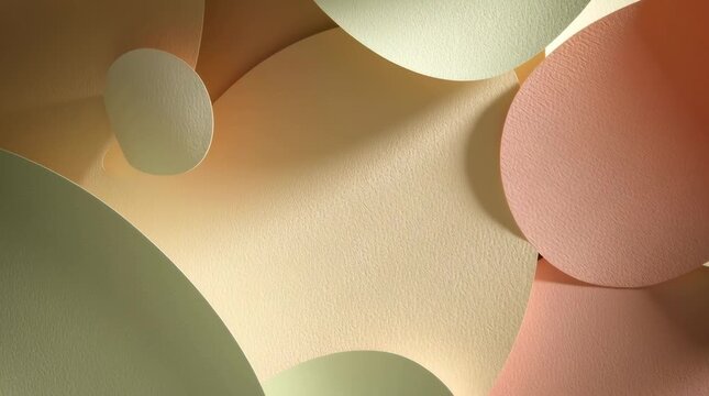 Minimal paper cut organic shapes floating slowly pastel environment, layered abstract forms beige, sage green, peach cream colors, smooth shadows depth, modern editorial design style diffused lighting