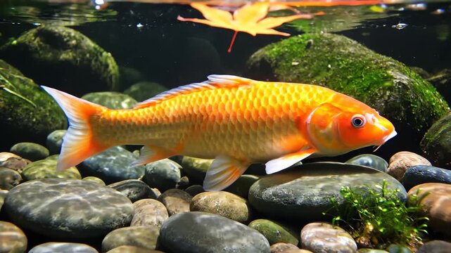 Golden Koi Fish Swimming in Clear Water with River Rocks and Maple Leaf