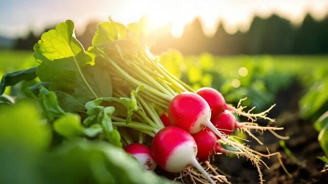 Freshly harvested radishes with green leaves in a sunny agricultural field