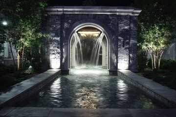 Obraz premium Tranquil water feature illuminated by soft lights creates serene