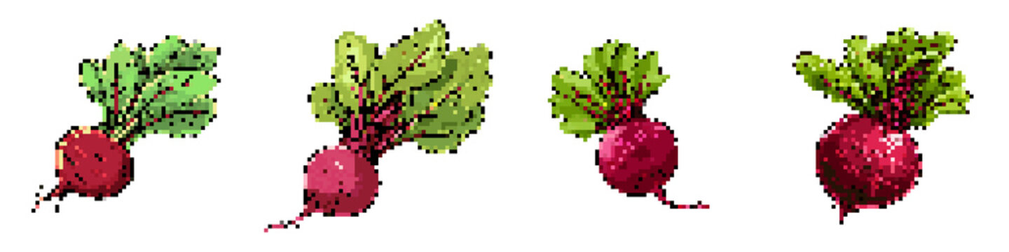 Beetroot pixel icon set. retro, pixelated 2d graphics for games and apps