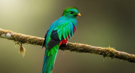 Obraz premium A vibrant resplendent quetzal bird perched on a mossy branch in a tropical rainforest setting.