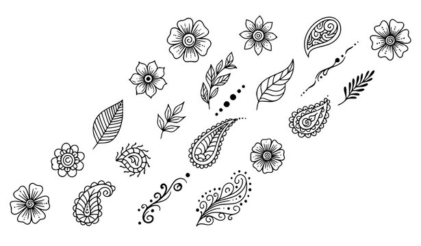 Hand drawn henna mehndi doodle elements vector collection with floral and ornamental patterns