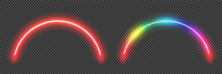 Red and rainbow smooth neon led arc. Soft glowing semicircle arch portal. Vector illustration with gradient mesh and overlay effect. © Kusandra