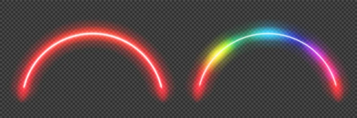 Red and rainbow smooth neon led arc. Soft glowing semicircle arch portal. Vector illustration with gradient mesh and overlay effect. © Kusandra
