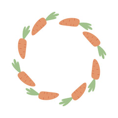 Carrot wreath in flat style forming a circular frame. Perfect for farm design, food branding, and seasonal decor. Simple modern vegetable illustration. © Aich Talg