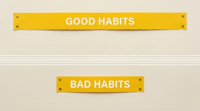A clear visual contrast between 'GOOD HABITS' and 'BAD HABITS' presented on yellow plaques against a neutral textured background