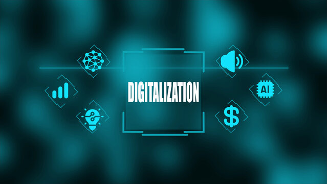 Cyan digital digitalization concept with interconnected nodes graph lightbulb sound and dollar surrounding central text on a dark blurred background Keywords: digitalization