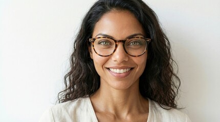 Obraz premium Smiling woman with tortoiseshell glasses and long dark hair. Authentic happiness and natural beauty.