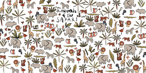 Naklejka premium Seamless Beige Safari Animals Pattern – Hand Drawn Neutral Jungle Background