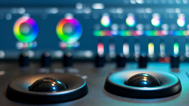 close-up of color wheel and color grading balls used for color grading new films in a professional studio.