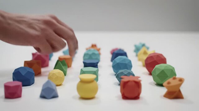 Medium video, high-angle, vibrant abstract shapes, miniature sculptures & design prototypes on pristine white studio surface with bokeh. Hand adjusts, gestures. Concept of thoughtful design