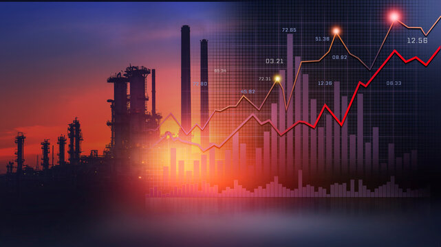 vertical graph of the stock market and business data charts are overlaid on the silhouette of an oil refinery, representing the continuously rising demand for energy.