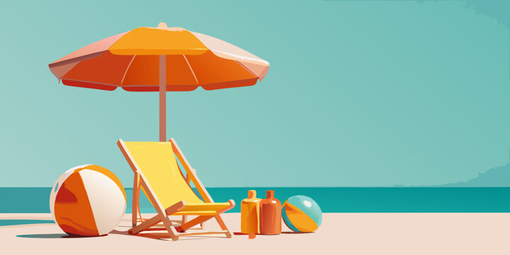 A vibrant beach scene with a sun umbrella chair and summer accessories
