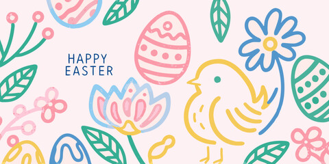 A cheerful easter illustration featuring eggs flowers and a small bird © Sunil123