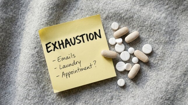 A Yellow Sticky Note Listing Tasks Under 'Exhaustion' With Scattered Pills