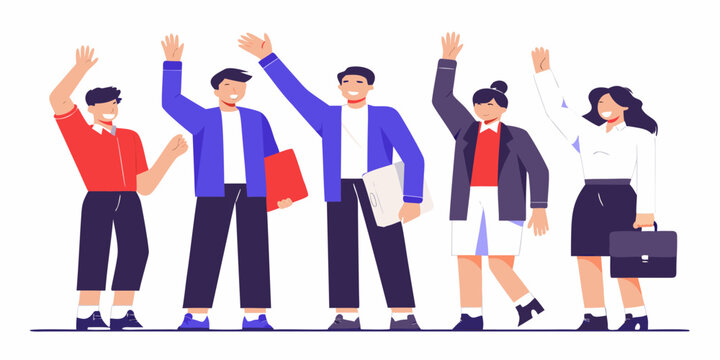 Diverse group of professionals cheerfully raising their hands in unison