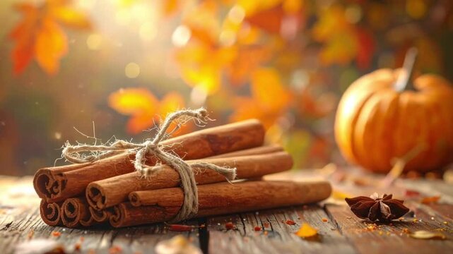 Cinnamon sticks and pumpkin on rustic wooden table with autumn leaves