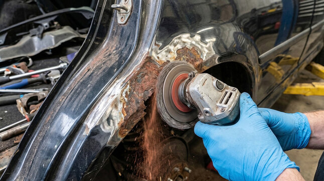 An auto body technician expertly removes rust from a car's fender using a powerful angle grinder.