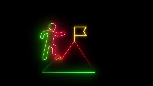 Glowing neon line of man conquering mountain peak icon isolated on transparent background. Business concept of victory, success, goal achiever, win, best worker, top employee and leadership.balck back